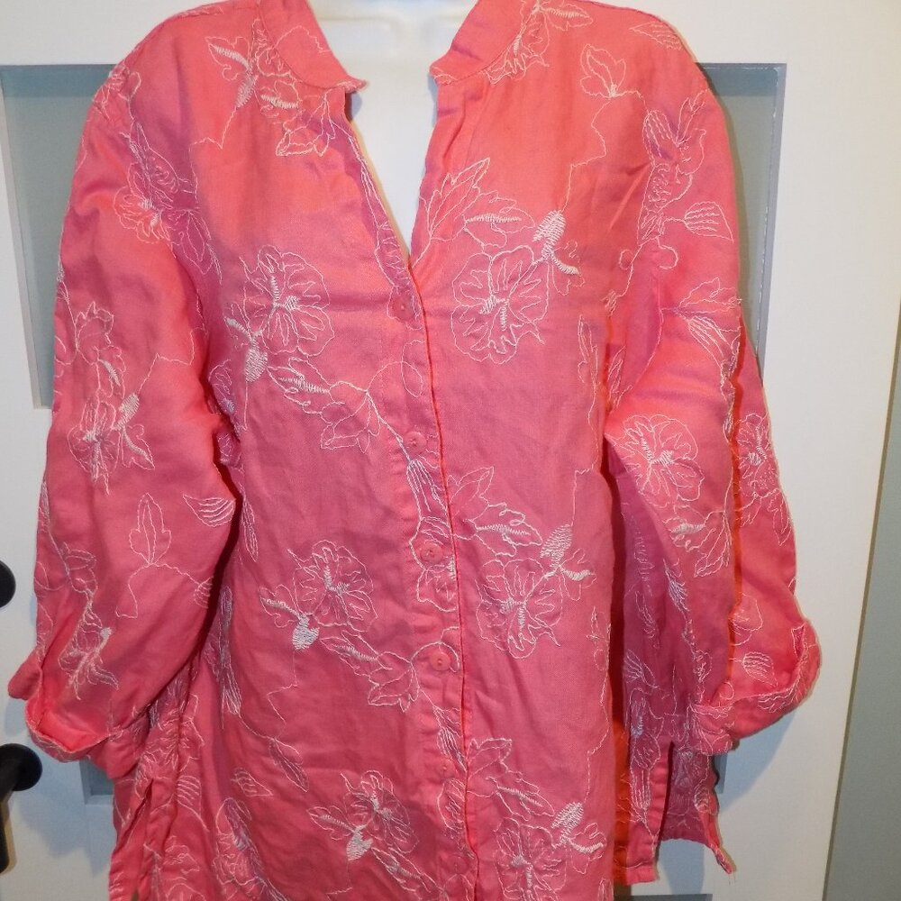 Susan Bristol 100% Linen Pink 3/4 Cuffed Sleeve Blouse Size 2X Women's